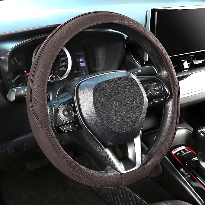 Steering Wheel Cover 14.5-15 inch (37-39 cm) Medium Size, Microfiber Leather, Non-Slip Comfortable Grip, Fits Cars Trucks SUVs, Chocolate Brown