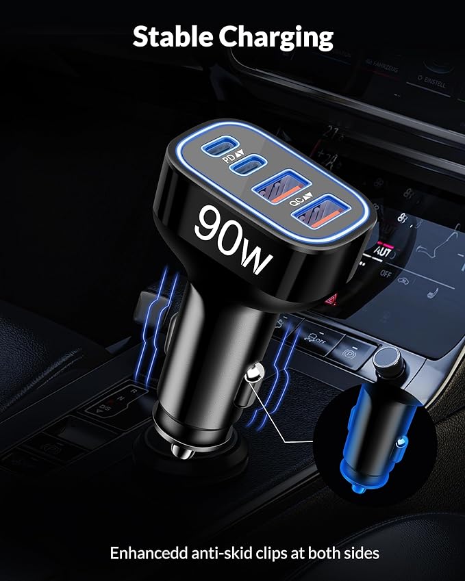 90W 4Port Fast USBC Car Phone Charger Cigarette Lighter USB Charger Adapter | PD/PPS/QC Super Fast Charging, 12-24V USB Outlet, Car Accessories for iPhone 17 16 15 Galaxy Android,Family Travel Essentials