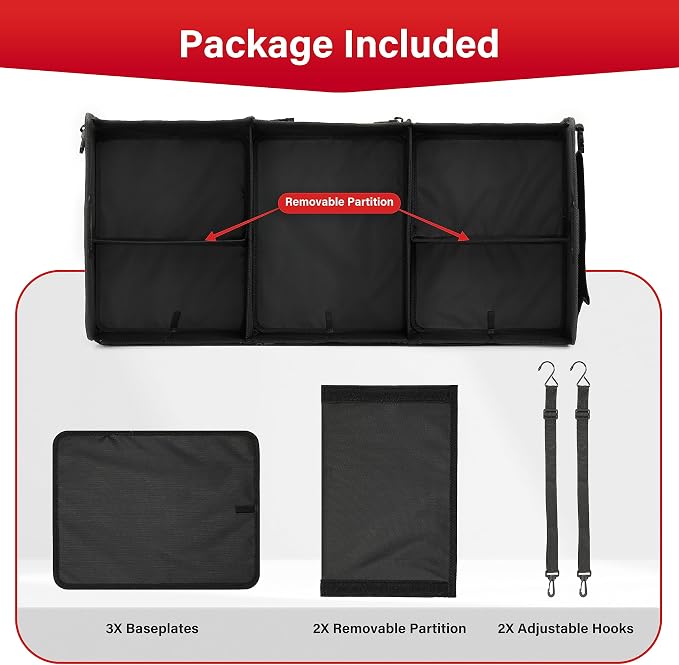 Car Trunk Organizer, Multi Compartments Collapsible Trunk Storage, Anti-slip, Waterproof 600D Oxford Polyester, with Adjustable Straps for SUV, Minivan, Truck, Large Size, Black