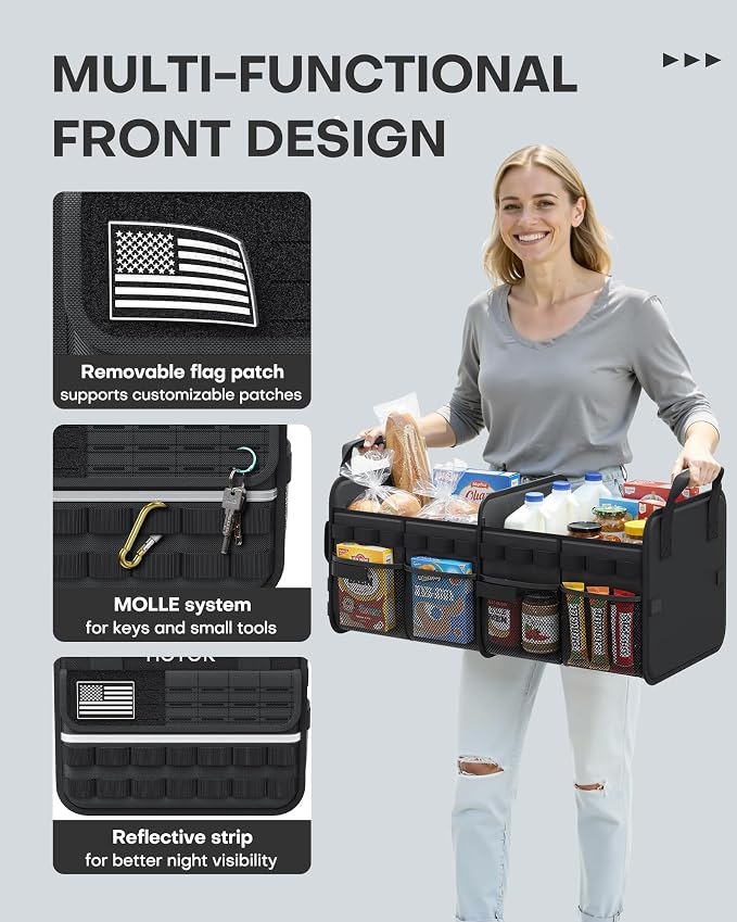 Tactical Car Trunk Organizer - Foldable Trunk Organizer for SUV with Front MOLLE Pocket & Reflective Strips, Essential Car Accessories for Tools & Outdoor Storage, 15.0" x 23.6" x 11.0", Black