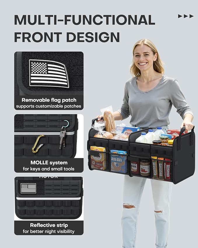 Tactical Car Trunk Organizer - Foldable Trunk Organizer for SUV with Front MOLLE Pocket & Reflective Strips, Essential Car Accessories for Tools & Outdoor Storage, 12.8" x 21.7" x 11.0", Black