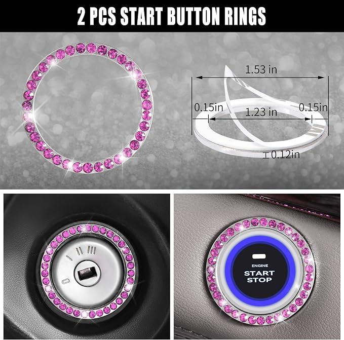 11 PCS Bling Diamond Car Accessories Set for Women, Sparkly Rhinestone Steering Wheel Cover, Bling Seat Belt Cushion, Shift Knob Cover, Push Start Button Ring, Cup Holder Coaster, Black Pink