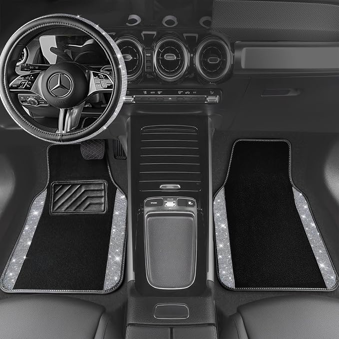 Bling Diamond Leather Steering Wheel Cover 14.5in-15in Floor Mats Shining Rhinestone Carpet Sparkly Glitter Crystal Anti-Slip Pad Fit Automotive SUV Pickup Truck Girl Women, 5pcs Black Sliver