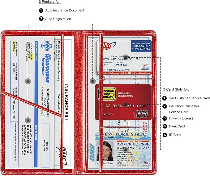 Car Registration and Insurance Card Holder, Vehicle License Document Glove Box Compartment Organizer, Interior Car Accessories for Women Men (Glitter Red)