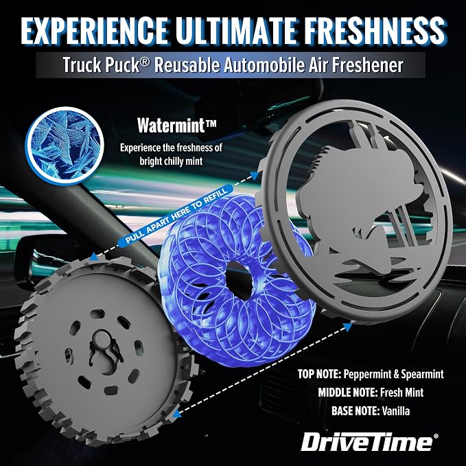 Truck Puck Watermint Fragrancee Car Air Freshener – Long-Lasting Car Deodorizer, Refillable Vent & Visor Clip Auto Air Freshener for Car, Truck & SUV, Premium Fragrance, Pack of 3