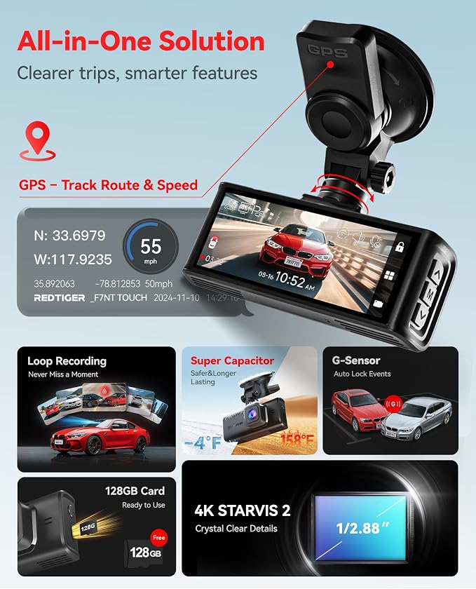 4K STARVIS 2 Dash Cam Front and Rear, 5GHz WiFi 20MB/s Download, 128GB Card Included, Voice Control, Dash Camera for Cars with 3.18" Touch Screen, GPS, Loop Recording, Parking Mode(F7N Touch)