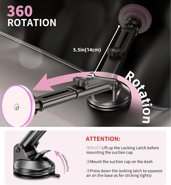 for MagSafe Car Mount Charger Dash/Windshield/Vent Wireless Car Charger with [LED Light], Magnetic Phone Holder for Car for iPhone 17 16 15 14 13 12 Series, Fit MagSafe Accessories (Pink)