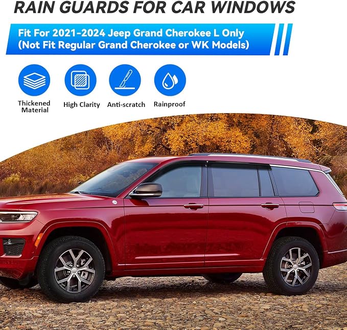 4pcs Smoke Tint Sun Rain Guard Vent Window Visors Compatible with 2021-2024 Jeep Grand Cherokee L, Outside Mount Tape On Style Acrylic Set of 4 Front+Rear
