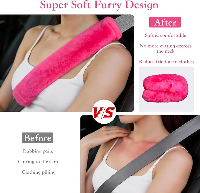 Soft Faux Fur Universal Fit Seatbelt Cover Car Truck SUV Airplane Seat Belt Shoulder Pad for Carmera Backpack Straps Neck Cushion Protector 2 Pack 10.5in Rose Red