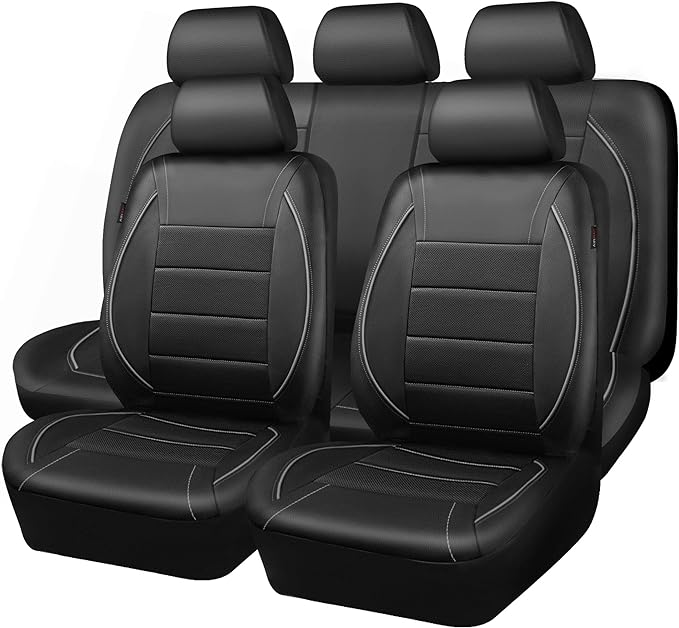 Universal Reflect Piping Leather Car Seat Cover, Fit for suvs,Van,Trucks,Airbag Compatible,Inside Zipper Design and Reserved Opening Holes (Full Set, Black and Grey)