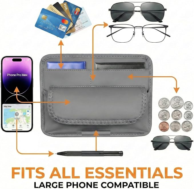 Car Visor Organizer – Sun Visor Storage Pouch Holder for Vehicle Truck SUV, PU Leather Auto Interior Accessories for Registration Document, Gas Card & Sunglasses, Universal Fit (Gray)
