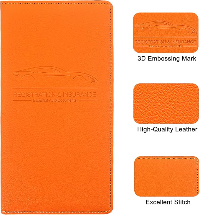 Premium Car Registration & Insurance Card Holder with Magnetic Shut, Vehicle Glove Box Car Organizer - For Documents, Cards, License (Orange)