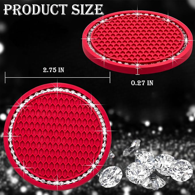 4PCS Bling Cup Holder Coaster, 2.75 Inch Auto Car Cup Holder Insert Coasters, Soft Silicone Anti-Slip Shockproof, Universal Vehicle Interior Accessories for Women Girls (Red & White)