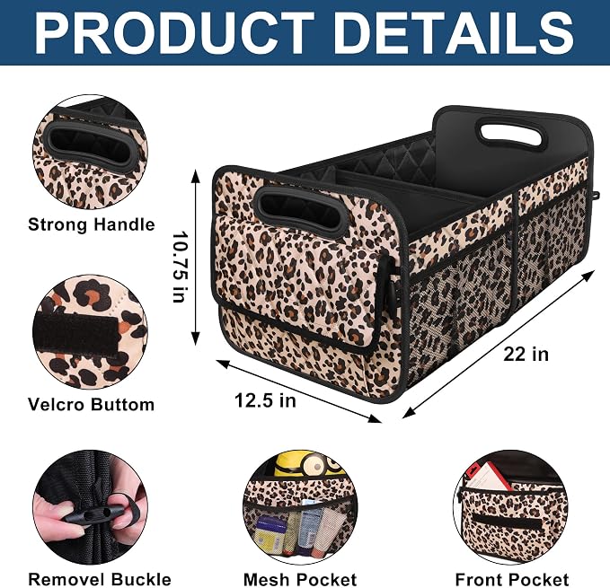 Trunk Organizer and Storage with Reinforced Handles,Car Accessories for Women/Men 50L Waterproof Polyester Trunk Organzier for Car/SUV/Minivan/Truck(Medium,Leopard print)