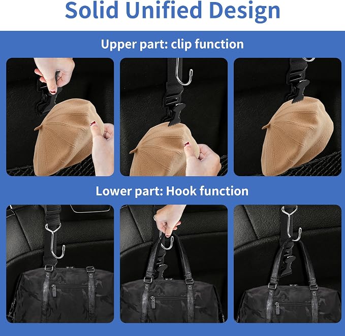 Purse Hook for Car, Adjustable Headrest Hooks & Hat Clip (4 Pack) | 100 LBS Heavy Duty | Metal Construction | Anti-Slip Clip | Tool-Free Install | All Vehicle Fit | Drivers Crews Families