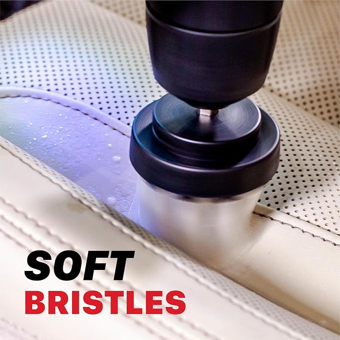 Universal M8 Light-Duty Soft Leather & Fabric Brush Drill Attachment – White Scrub Brush Kit for Fabric, Leather, Upholstery, Convertable Top & Seats – Removes Grime, Stains, Dirt & Buildup