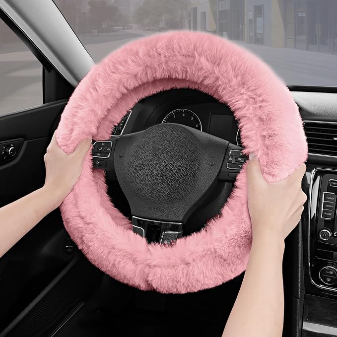 Steering Wheel Cover, Fluffy Car Wheel Covers for Women/Girls/Ladies，Soft Wool Fur Steering Wheel Protector, Universal 14 1/2 inches to 15 inches - Pink