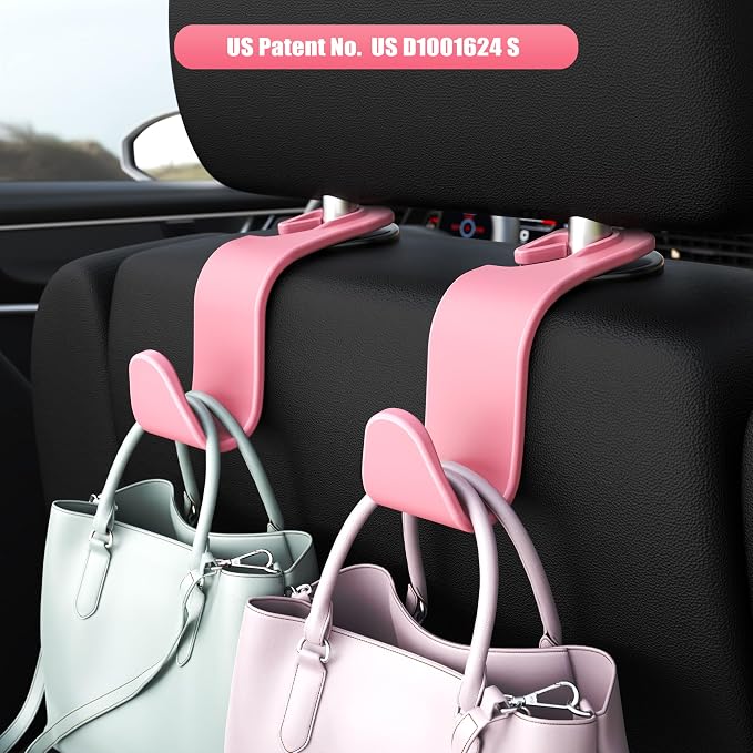 Car Seat Headrest Hook 4 Pack Hanger Storage Organizer Universal for Handbag Purse Coat Universal fit Vehicle Car Pink with Clip