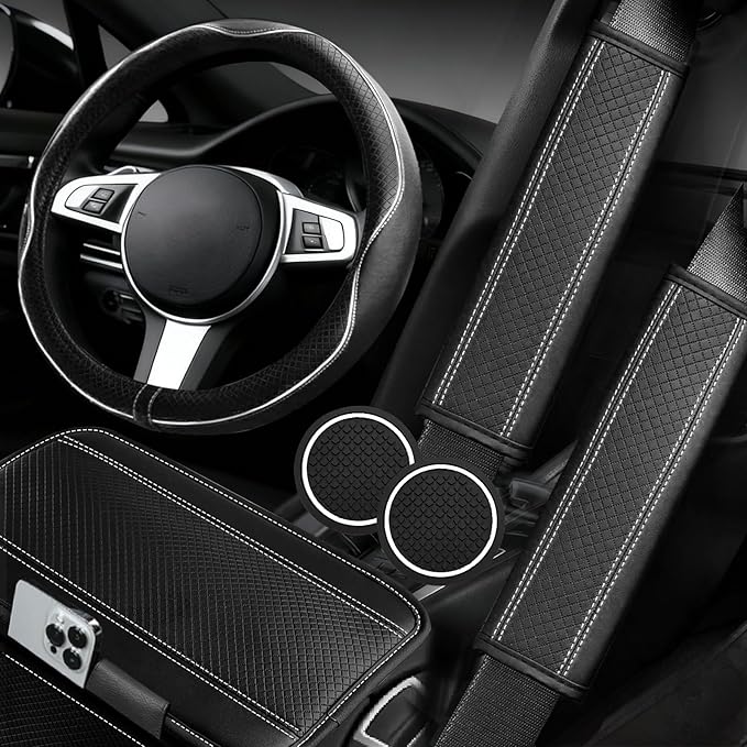 6 PCS Car Steering Wheel Cover Set, Microfiber Leather Steering Wheel Covers Universal 14.5-15 inch, Center Console Cover, Seat Belt Cushion, Cup Holder Coaster, Car Accessories Set White