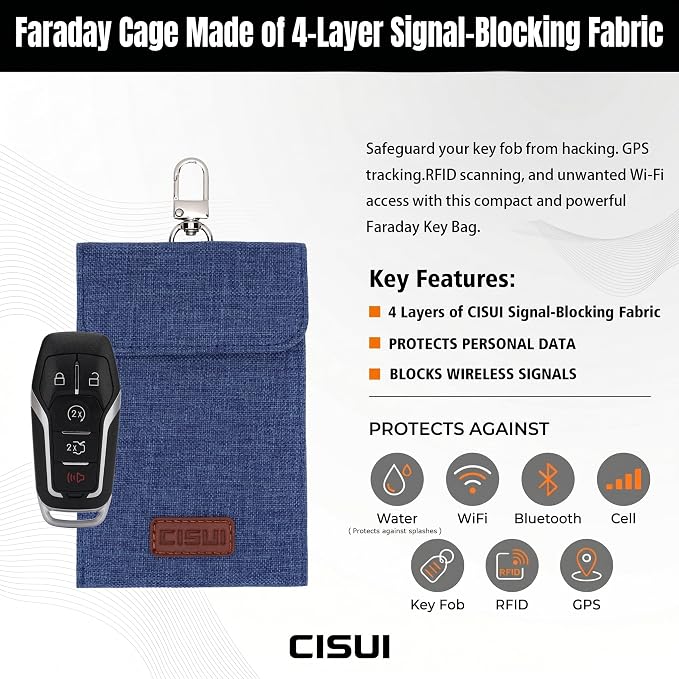 Faraday Bag for Car Keys, 4-Layer Key Fob Signal Blocker Pouch (Blue) | 2026 upgraded RFID guard shielding case for keyless entry anti-theft. Durable Oxford fabric with secure hook for all fobs