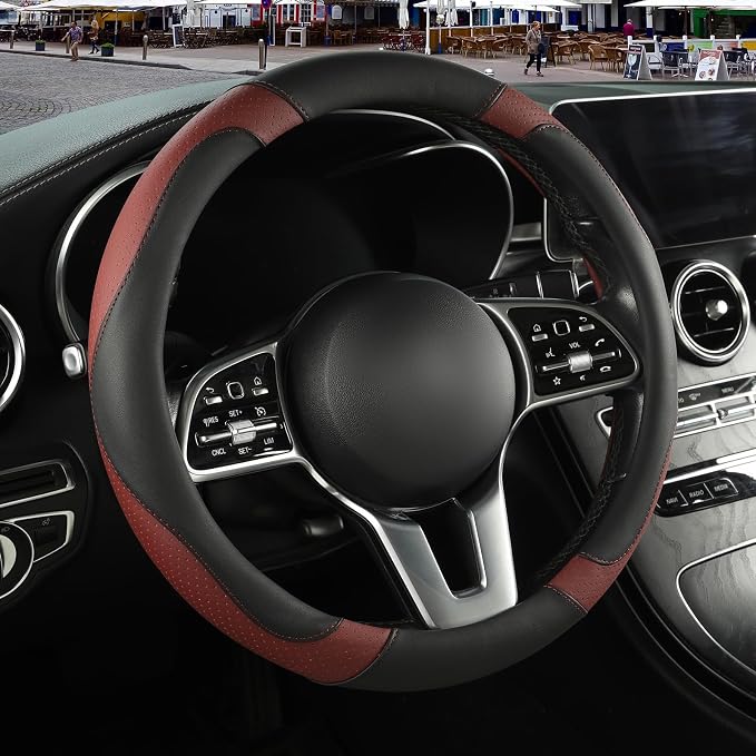 Black Burgundy Microfiber Leather Steering Wheel Cover 14 inch | Breathable Anti Slip Grip Cool Sporty Look Glow for Women Men