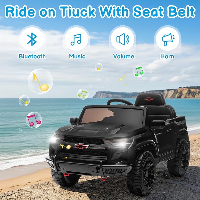 Licensed Chevrolet Colorado Electric Car for Kids, 12V Ride on Toys for Toddlers with Remote Control, Battery Powered Electric Car Ride On Vehicle w/Bluetooth, Soft Start, LED Lights - Black