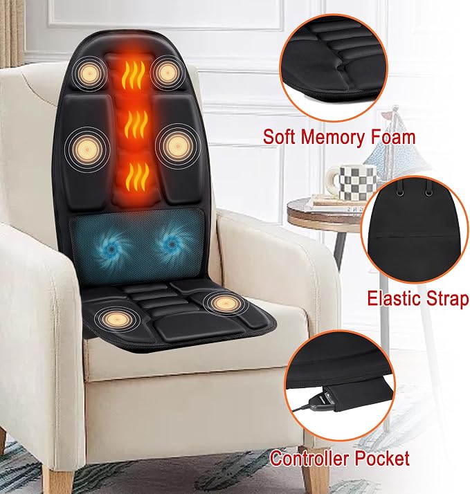 Massage Seat Cushion with Heat, Vibration Back Massager for Chair, Chair Massager Pad with Multi-Zone Vibration, 4 Modes & 3 Intensities for Office Chair, Sofa and Recliner