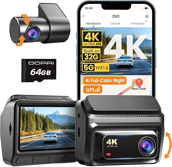 Z60 4K Dash Cam Front and Rear, Built-in 32GB eMMC, Free 64GB Card Included, Dual Dash Camera for Cars, AI ISP Night Vision 2.0, 5GHz WiFi, GPS, G-Sensor, 7 Days AOV Parking Mode, 3" IPS, ADAS