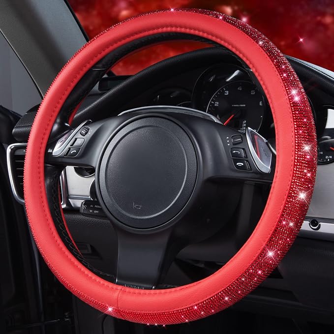 Bling Diamond Leather Steering Wheel Cover, with Bling Sparkly Crystal Glitter Rhinestones Universal Fit 14" 1/2-15" Car Wheel Protect for Women Girl Fit Suvs,Vans,Sedans,Cars,Trucks, Red