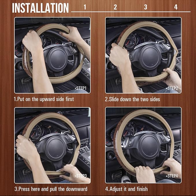 Wood Grain 14.5-15 inch Microfiber Leather Steering Wheel Cover, Anti-Slip Veins Design Steering Wheel Universal Fit for Most Cars, Sedans, SUV， Beige