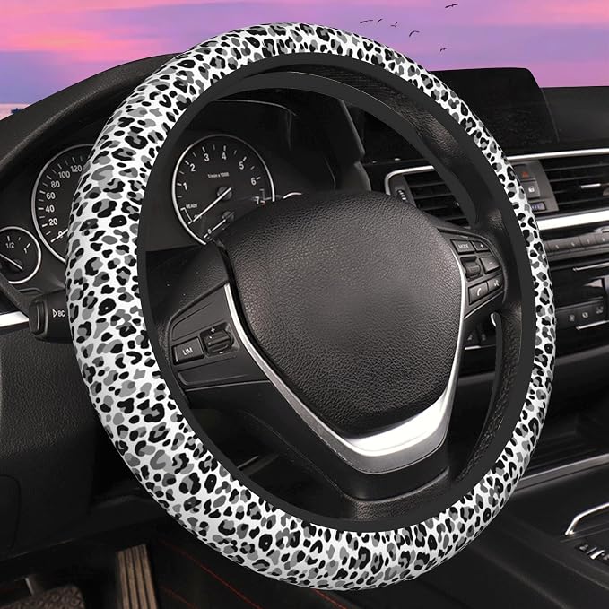 Black and White Leopard Print Steering Wheel Cover for Women Men Neoprene Breathable Wheel Cover Protector Anti-Slip Car Accessories Universal 15 Inch Fit for Cars Trucks Vehicles