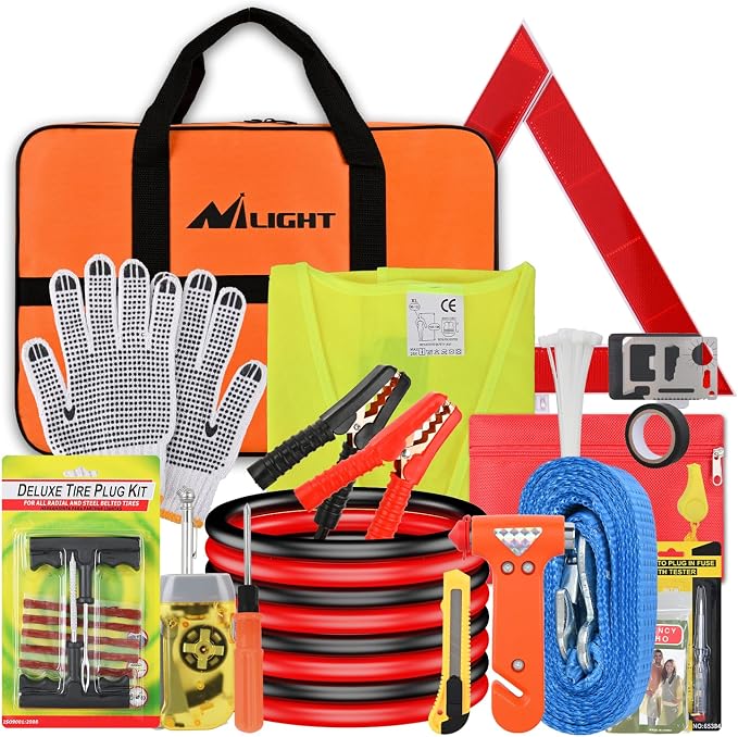 Car Emergency Kit with Jumper Cable, First Aid Kit Safety Assistance Tools for Travel Camping Outdoor Cars Truck SUV RV, Roadside Essentials with Flash Light