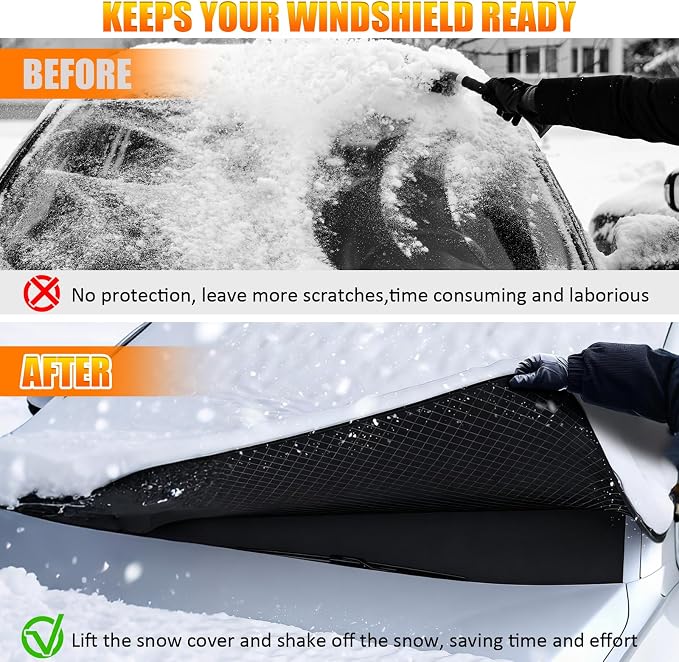 Car Windshield Snow Ice Cover with Side Mirror Covers, Oxford Fabric Windshield Snow Ice Cover with Magnetic Edges Used for Snow Protection, Rain and Sun, Fits for Most Cars, SUV(102"x45")