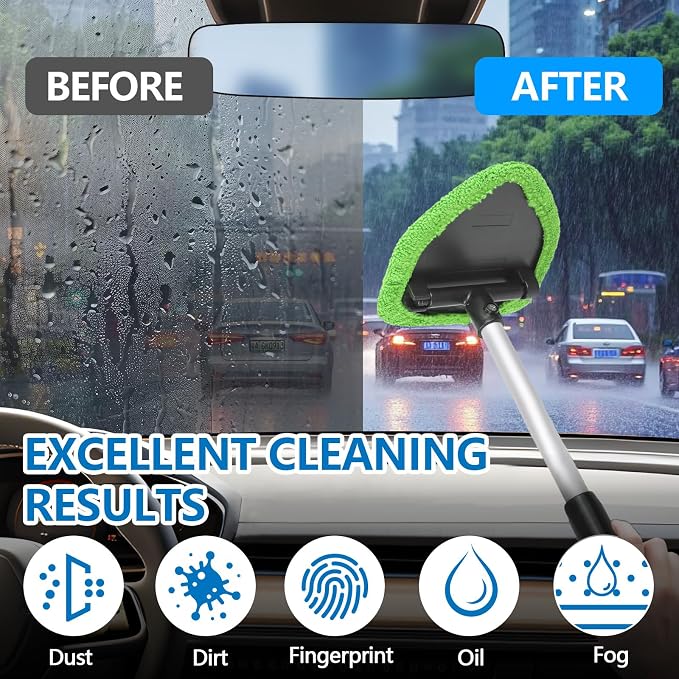 Car Windshield Cleaning Tool, Car Windshield Window Cleaner, Auto Window Glass Cleaning Kit with Extendable Handle & Reusable Microfiber Pad & Spray Bottle, Universal Car Accessories (Green)