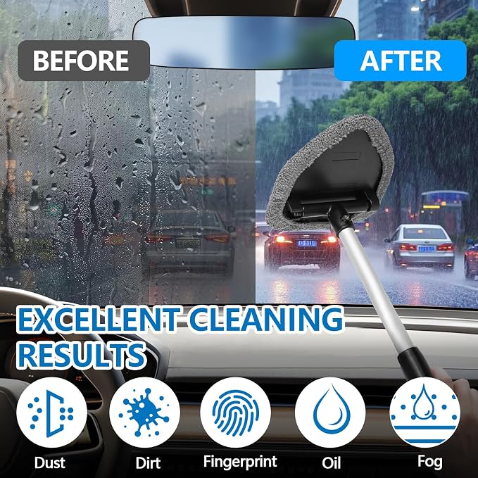 Car Windshield Cleaning Tool, Car Windshield Window Cleaner, Auto Window Glass Cleaning Kit with Extendable Handle & Reusable Microfiber Pad & Spray Bottle, Universal Car Accessories (Gray)