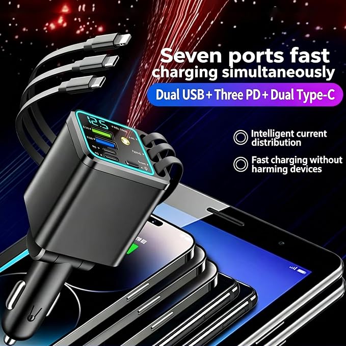 7 in 1 Retractable Car Charger,102W Star Lights Fast Charging Car Charger | Car Charger USB C,Car Accessories,Voltage Smart Display,3 Retractable Cables for iPhone 17 Pro/16/15/14,Galaxy S26,Pixel 10