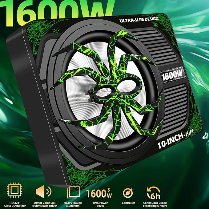 2026 Upgraded 1600W 10" Slim Under Seat Subwoofer with Built-in Amplifier - Powered Car Low Profile Bass Sub - Individual Controls (LPF/Gain/Bass Boost) LED Ambient Lights
