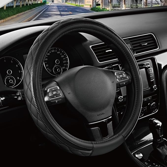 Leather Steering Wheel Cover – Black & Black, Universal Fit 14.5-15 Inch, Microfiber Leather, Anti-Slip & Breathable Design for Men and Women