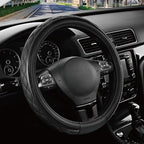 Leather Steering Wheel Cover – Black & Black, Universal Fit 14.5-15 Inch, Microfiber Leather, Anti-Slip & Breathable Design for Men and Women