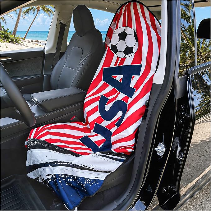 Car Seat Cover Towel, Universal Fit Front Seat 57 x 30 Inch Non Slip Soft Waterproof Absorbent instantly Sweat Protector, for Gym Workout, Swimming, Beach, Soccer, Pet travel (America Soccer Style)