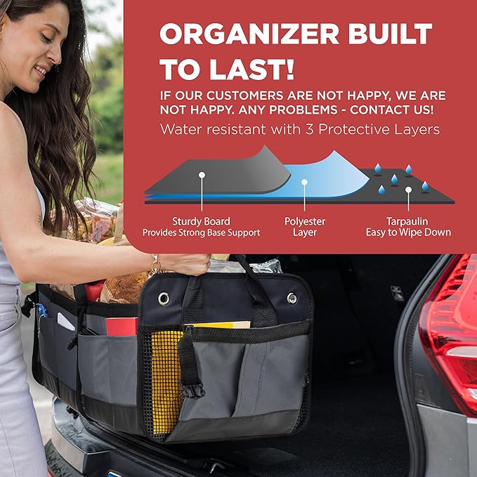 Trunk Organizer For Car, Suv, Truck | Premium Adjustable Multi Compartments Collapsible Car Trunk Organizer With Securing Straps & Non-Slip Bottom (Large Size, Grey)