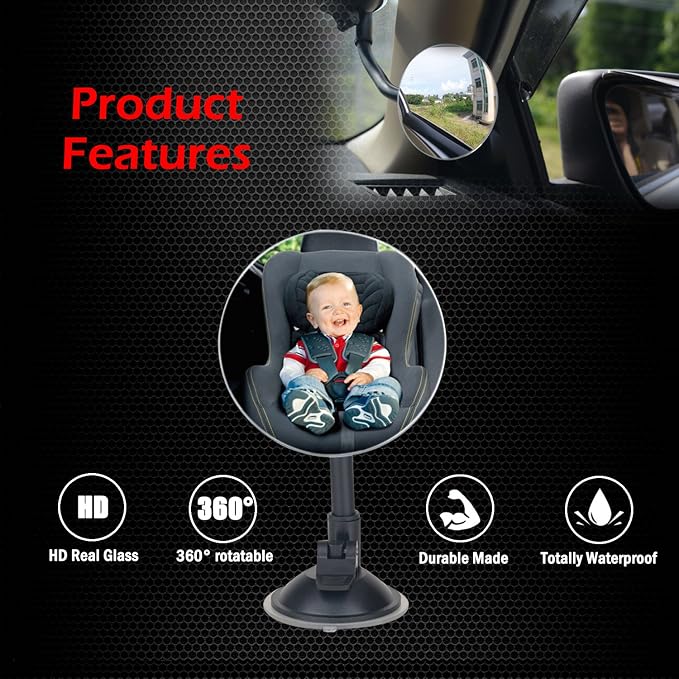 Suction Cup Car Baby Mirror, Adjustabe Long Arm HD Glass Convex Wide Angle Interior Rearview Baby Rear Facing Mirror (Frameless Round, 3.35")
