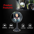 Suction Cup Car Baby Mirror, Adjustabe Long Arm HD Glass Convex Wide Angle Interior Rearview Baby Rear Facing Mirror (Frameless Round, 3.35")