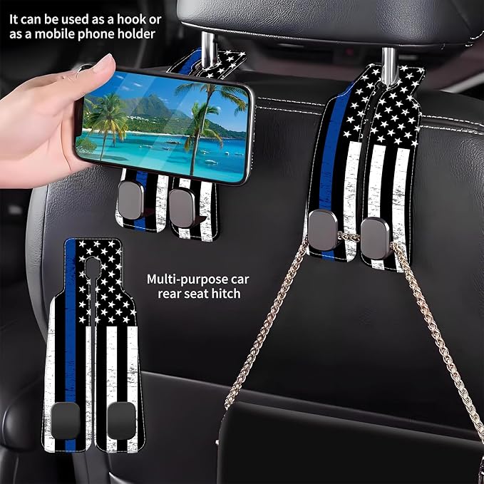 Car Headrest Purse Hanger Grunge Blue and Black American Flag 1 Pack Bag Purse Holder for Car Premium Leather Double Metal Hook for Handbags, Grocery Bags and Phones