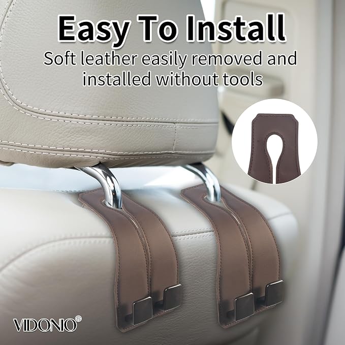 Leather Headrest Hooks for Car, 2 Pack Premium Car Seat Back Storage Hooks with Double Metal Hangers for Purses, Handbags, Groceries and Backpacks, Universal Heavy Duty Car Purse Holder Accessories