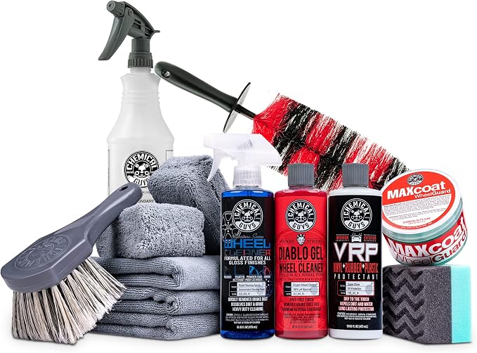 Complete Wheel, Rim and Tire Care Kit, Foaming Cleaner, Tire Dressing, Wheel Sealant, Detailing Brushes, Microfiber Towels for Cars, Trucks and SUVs, 10-Piece Set