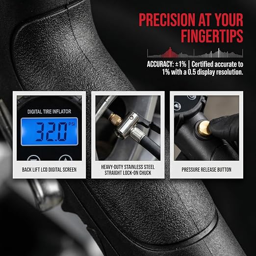 Digital Tire Pressure Gauge with Inflator | 3-250 PSI, Air Chuck & Compressor Accessories, Heavy Duty, Quick Connect Coupler, 0.1 Display Resolution