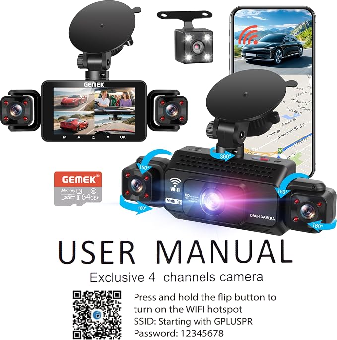 4 Channel Dash Cam 360° View 5G WiFi & APP Control, 2K Front and Rear Inside, Left Right Dash Camera for Cars Free 64GB TF Card, G-Sensor, Night Vision, 24H Parking Mode