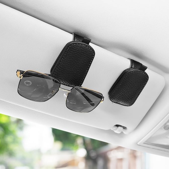 2PCS Sunglasses Holder for Car, Leather Magnetic Buckle Sun Visor Sunglass Clip, Ticket Card Storage Glasses Clip, Car Interior Accessories for Men and Women（Black）