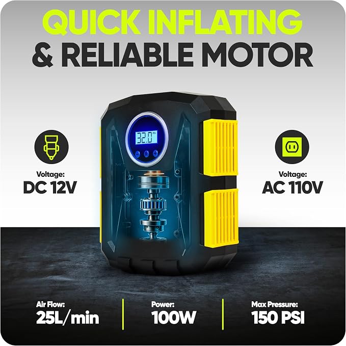 Tire Inflator Portable Air Compressor, Air Pump for Car Tires and Bikes, Car Tire Pump w/Auto Shut Off, 150 PSI, 110V AC 12V DC, LED Light, Carrying Case, Perfect For Men, Women